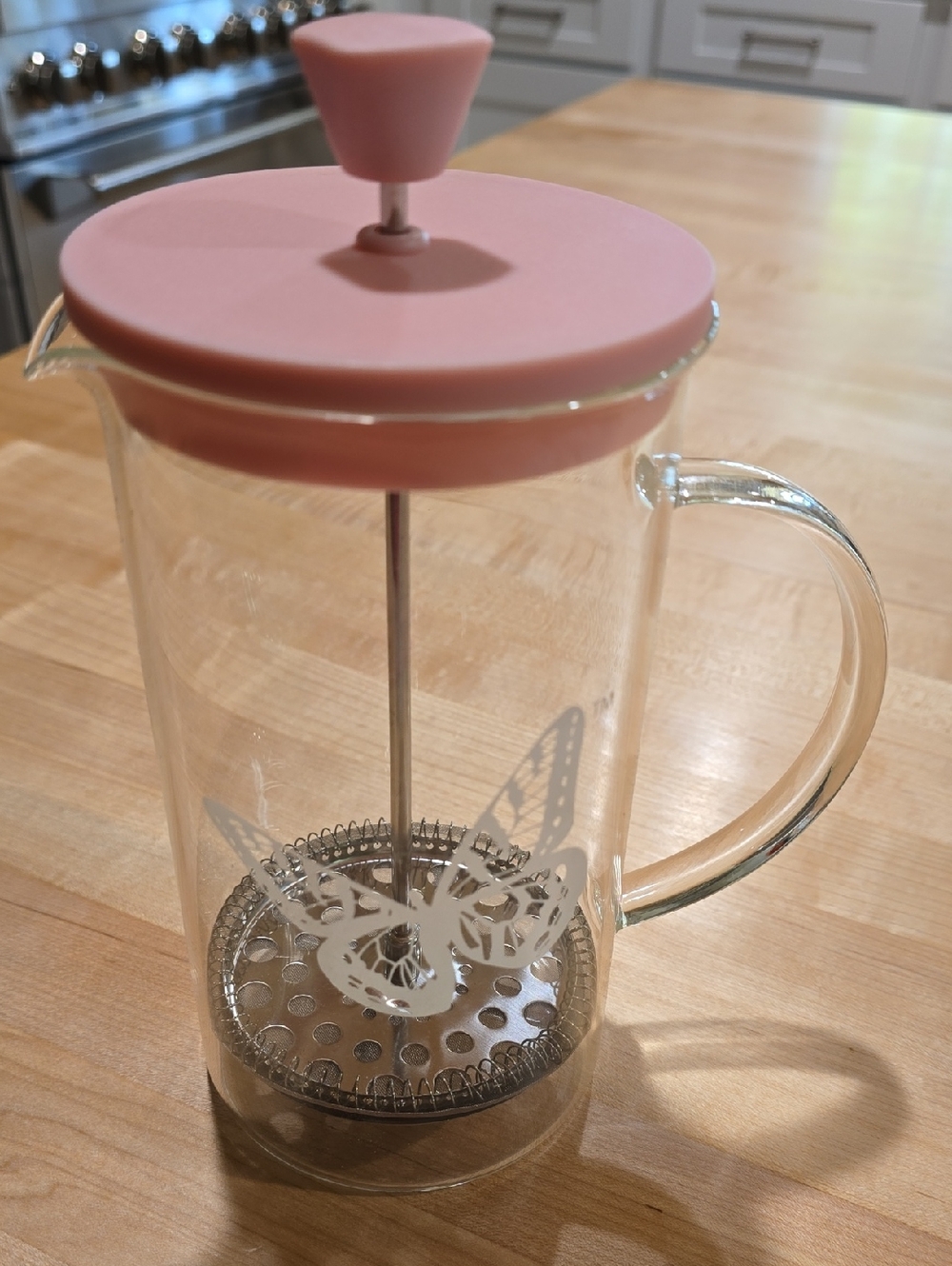 Glass French Press Coffee Maker with Pink Silicone Lid